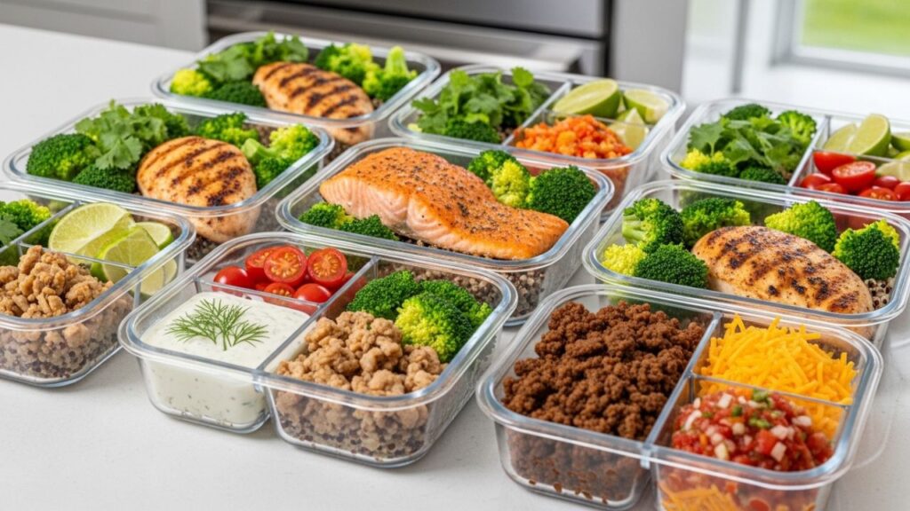Airtight containers with cooked proteins and separate toppings.