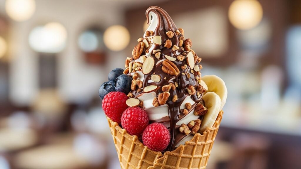 Close-up of creamy ice cream with crunchy toppings