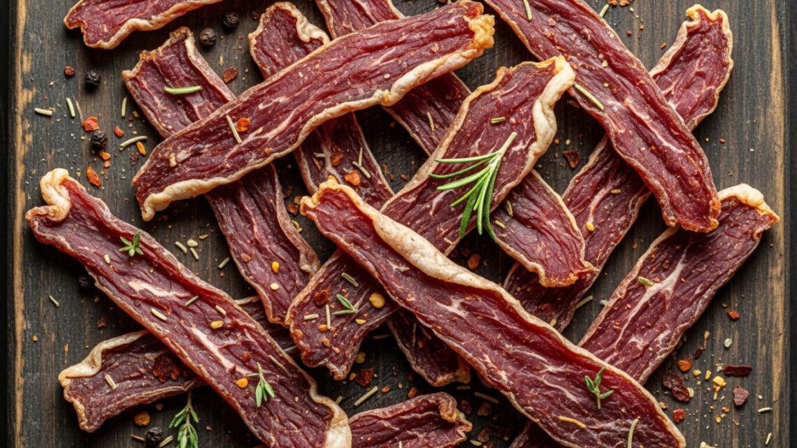 Thin beef jerky on board.