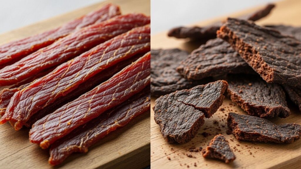 Properly dried and overly brittle jerky side by side.