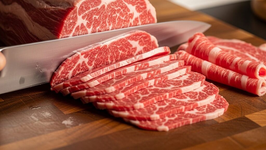 Raw beef slices on cutting board.