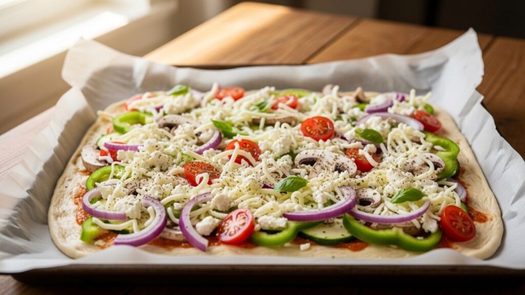 Pizza with vegetables and cheese ready to bake