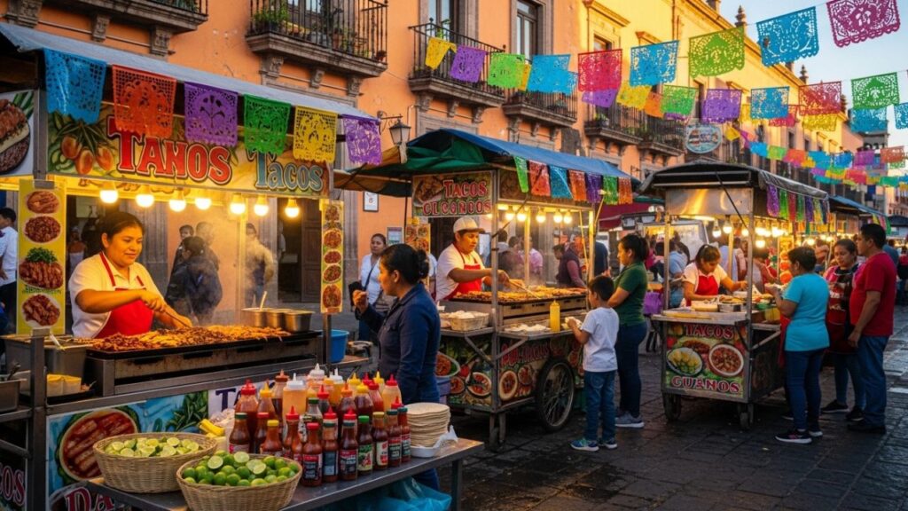 Mexican street with multiple taco carts and people enjoying food.