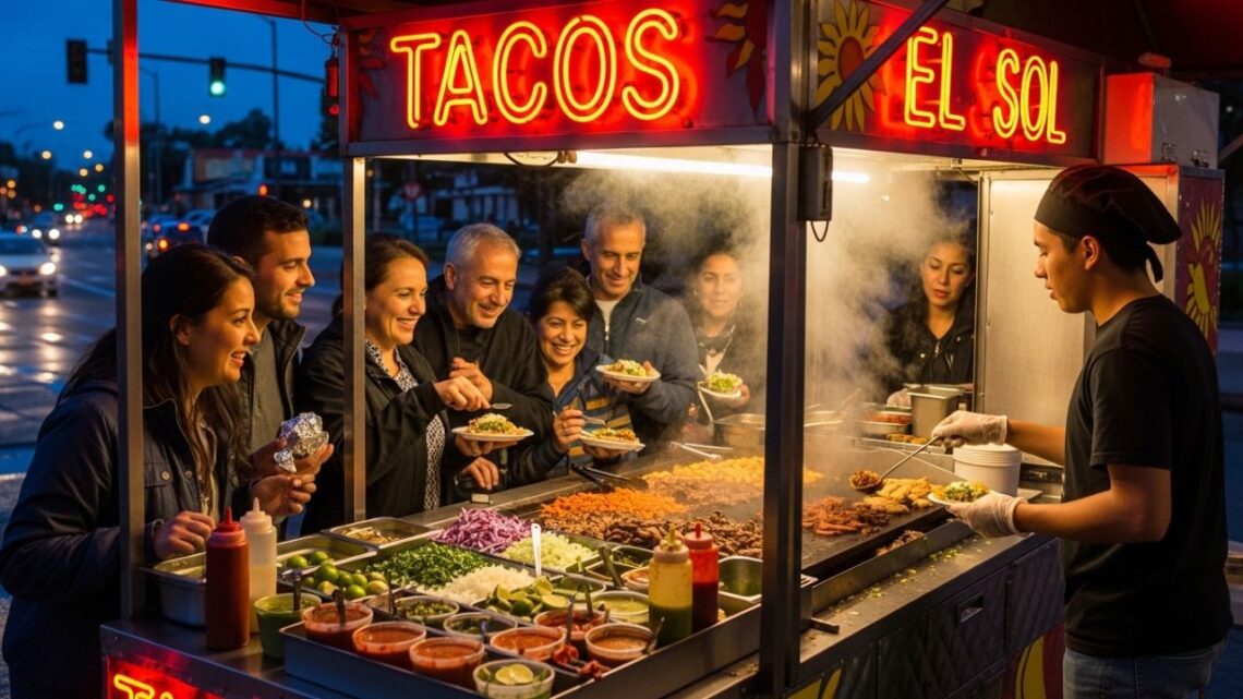 Lively street taco cart with customers and fresh ingredients