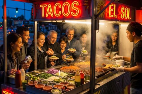 Lively street taco cart with customers and fresh ingredients