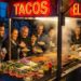 Lively street taco cart with customers and fresh ingredients