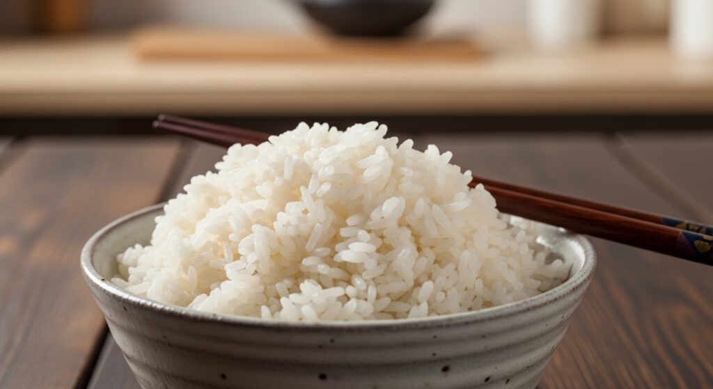 Freshly cooked white in a bowl showing soft fluffy grains that are evenly separated