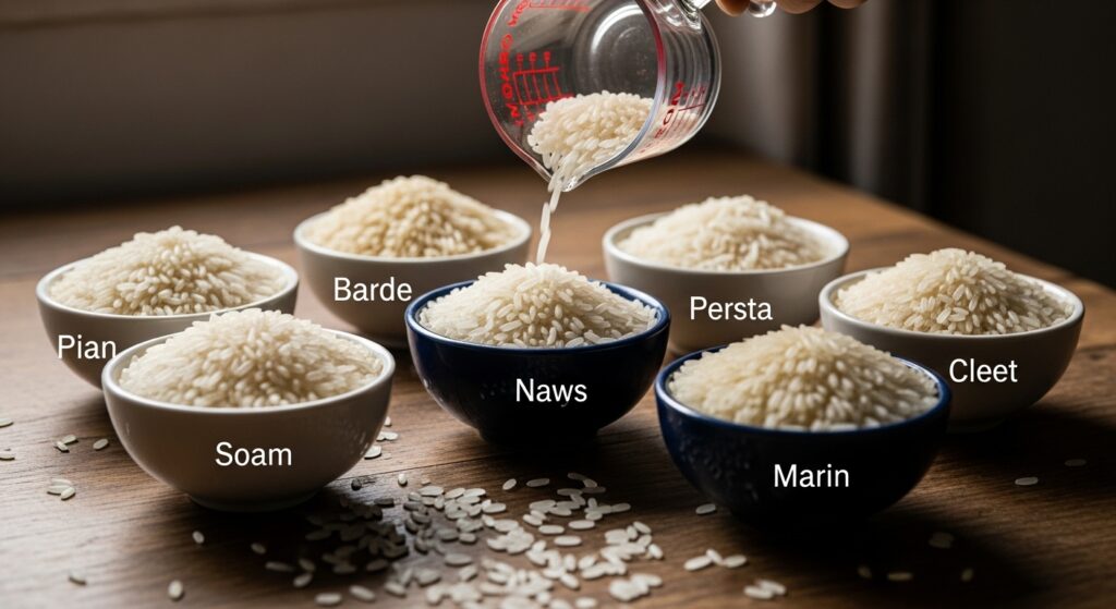 Small bowls filled with different uncooked rice varieties including basmati jasmine and brown with a measuring cup