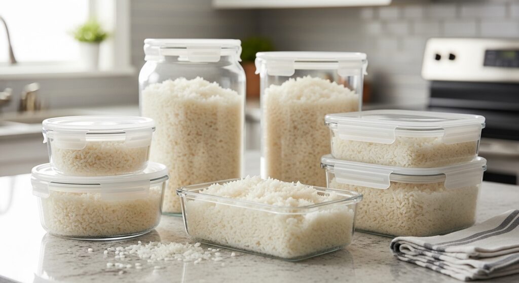 Cooked rice stored in airtight glass containers for refrigeration and meal prep