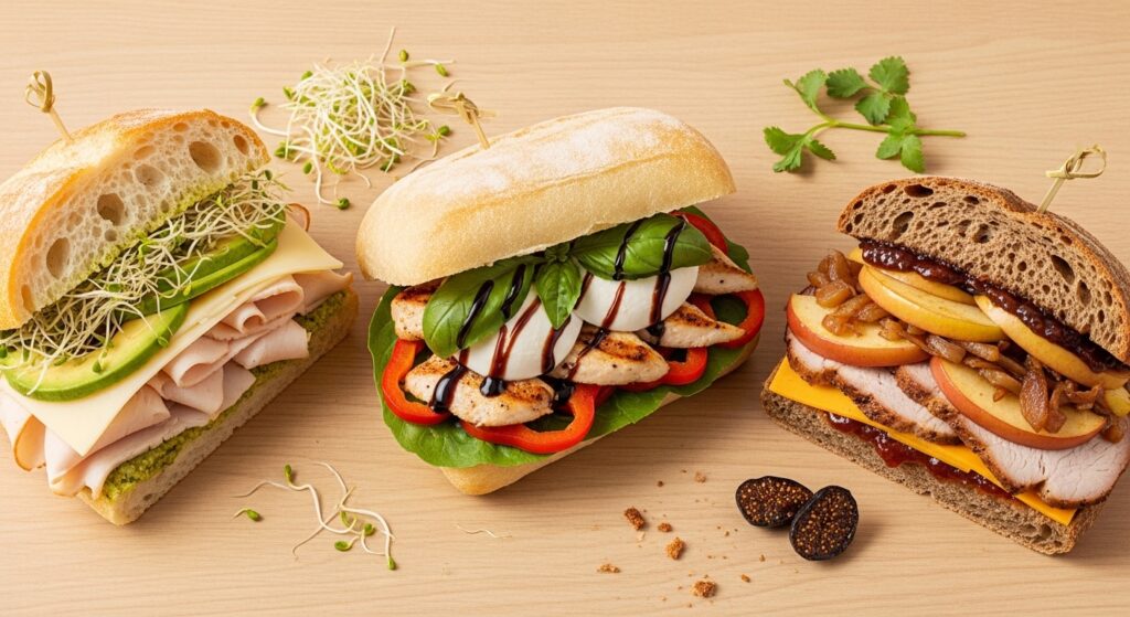 Assortment of seasonal deli sandwiches with fresh vegetables, roasted meats, and toasted bread