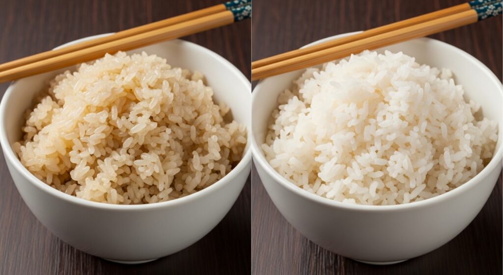 Side-by-side comparison showing sticky overcooked rice and properly cooked fluffy rice