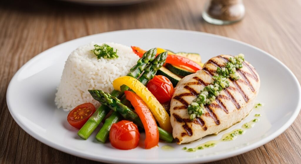Plate of fluffy served with grilled chicken and colorful roasted vegetables